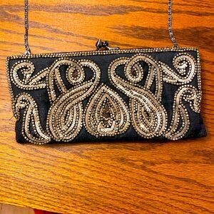 Black Small Clutch with Silver Beading by Moyna